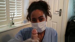 SEXY BLACK BRITISH NURSE GIVES HANDJOB WEARING SURGICAL MASK AND GLOVES