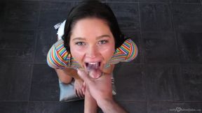 Gorgeous teen brunette Zoe Bloom is sucking a very big dick