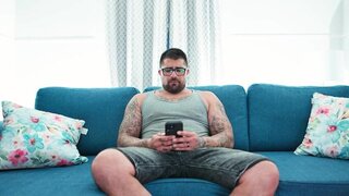 Big boobies bombshell is going to bounce on a hard guy's hard-on