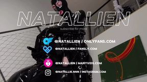 Natallien submits in latex catsuit for intense dildoing and deep throat blowjob