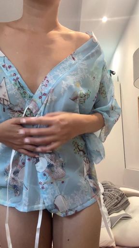 Curvy Asian blonde reveals her natural tit kimono in a solo