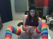 Cute tgirl fingers ass and struggles with a huge vibrator