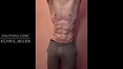 Hunk flex muscle in grey sweatpants | Muscle Worship
