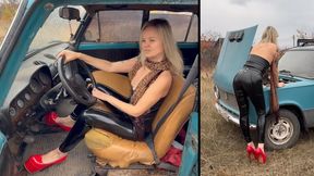 Anastasia revving VAZ in red pumps and bouncing