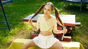 Aesthetic outdoor masturbation with a long-legged brunette Niсole