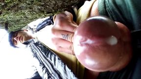 Close up Cum Behind Tree in Park and Rubbing Cum on Camera Lens with Glans