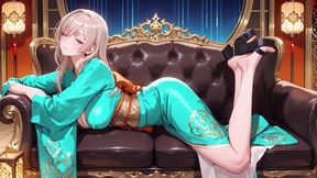 Blonde in a Green Kimono! Lazy Terrace Reading, off-shoulder Design Is Too Sinful!