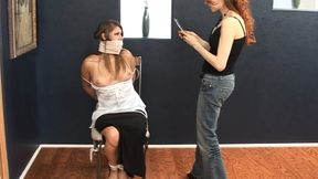 Judge's Daughter Daphne Paige Chairtied Topless, Strictly Gagged, Made to Spring Natasha Flade's Man from Jail!