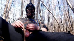 Handjob in the woods with camouflage uniform