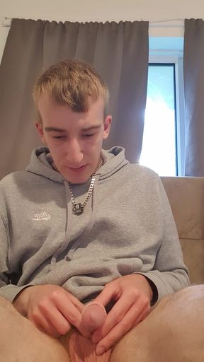 Skinny lad pulls back skin and shows bellend