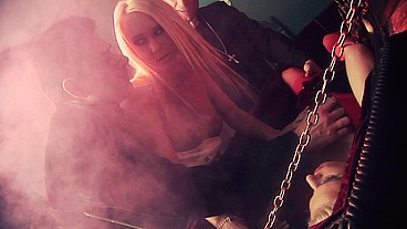 Quartet Of Blonde Tavern Wenches Strip To Fishnets & Thongs For Lesbo Play