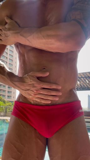 Hot Asian Muscle Hunk, Joey Rhyder Oiled up at the Pool