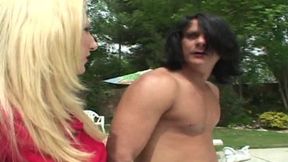 Blonde bombshell gets fucked by the pool cleaner stud outdoors