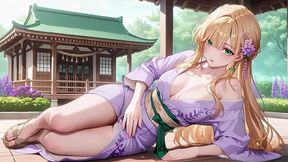 blonde boss in a wet purple robe! languidly switching between the japanese garden and her private bedroom. she lies on her side, looks back, and touches her chest with a hazy, shy gaze. sunlight hits
