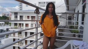 Cumdrenched and public flashing on the balcony
