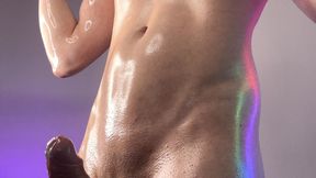 Trans muscle girl humiliates your little dick while she flexes her biceps and strokes her thick cock