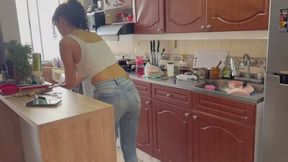 Peeing jeans in the kitchen