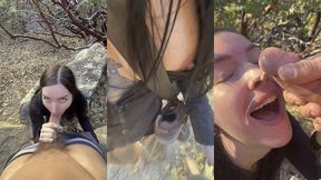 hot tattooed babe milks cock for cum on hiking trail.