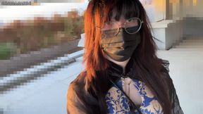 HA103Slutty crossdresser in a cheongsam masturbating outdoors.