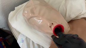 POV: fucking in the mouth a human rubber doll while she wears an inflatable buttplug