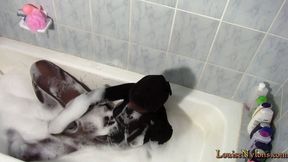 Sexy Louise, totally encased in pantyhose getting a bath