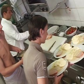 Handsome Restaurant Staff Enjoy a Sweaty Suck Session!