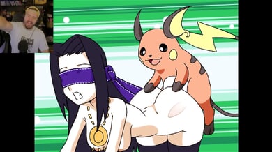 Blindfolded black-haired woman takes creampie from Pikachu-like creature in anime fantasy
