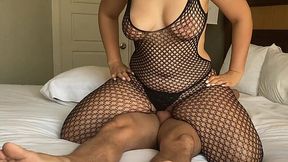 My chubby wife in body fishnet rides on me face to face and reverse