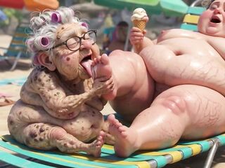 Elderly Granny Passionately Sucking big beautiful woman Feet on the Beach