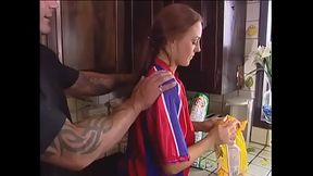 Lusty MILF with a big butt takes on two big cocks in a double penetration