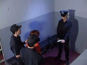 Redhead bitch gets fingered and toyed by a nasty babe in police uniform