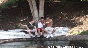 Two Latinos and a white guy fuck in bareback threesome
