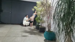 Amateur wife sucks neighbor's cock in garage while her cuckold rests