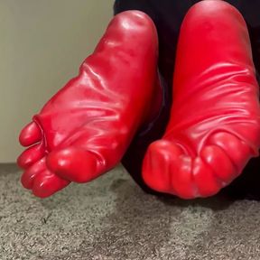 Trying on Red Latex Toe Socks