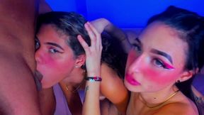 step sisters fucking with huge strap on dildo in group sex!!!