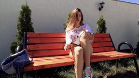 Blonde bombshell's sweaty sex romp &mdash;  getting nailed on a park bench like a dog