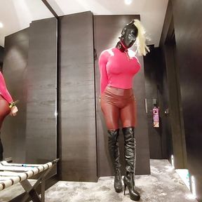 Busty Sissy in pink trapped in selfbondage