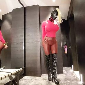 Busty Sissy in pink trapped in selfbondage