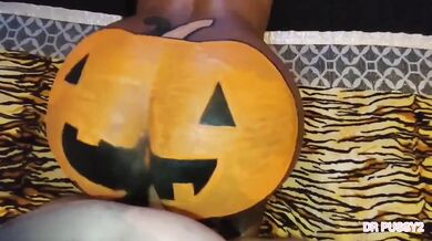 Ebony Tattooed MILF Devours Hard Cock at Halloween Party Cumshot
