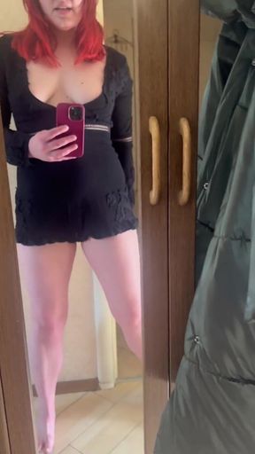 Masturbating with New Tight Clothes and Toilet Brush on the Balcony