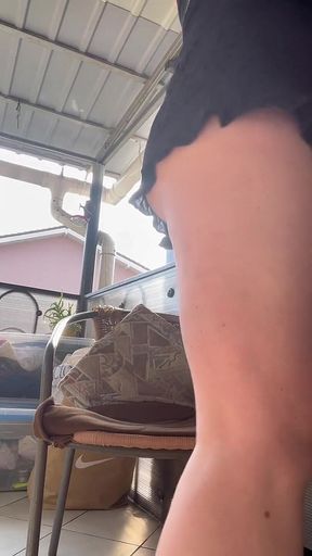 Masturbating with New Tight Clothes and Toilet Brush on the Balcony