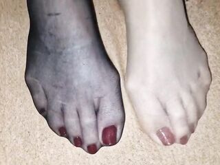 Cum on wife's nylon feet - Red polish on toenails