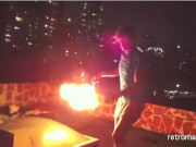 18 years old Gay teen Twink spins fire poi in underwear and socks