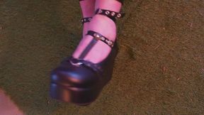 Goth Girl Renee Zip-Tied to the Lounge Chair – 55 mm Black Monster Ballgag, Shiny Leather Leggings + Wide Ruffled Skirt & Vibrator