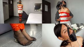 Helpless and ticklish Jasmin taped at pole! - MOV