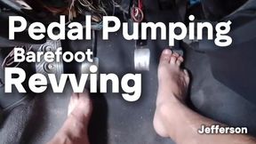 Man with bare feet pumps car pedals (T)