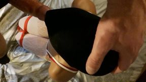 Bound and blindfolded MILF sucks cock POV