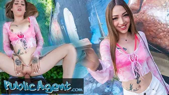 Tattooed Latina with nipple piercing fucks outdoors in public