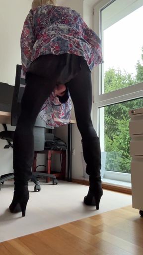 In a blue dress, plug, crotchless tights and high heels