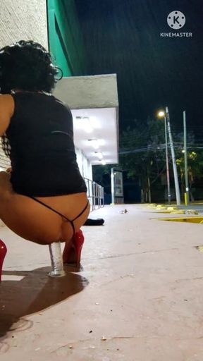 Horny Sissy Toying Her Ass with Transparent Dildo in the Supermarket Parking Lot While Cars Pass by